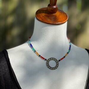 Circle necklace rainbow crystal glass bronze pendant multicolor ring necklace